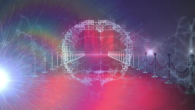 Animation of digital brain and light trails over red carpet on black background - Powered by Adobe