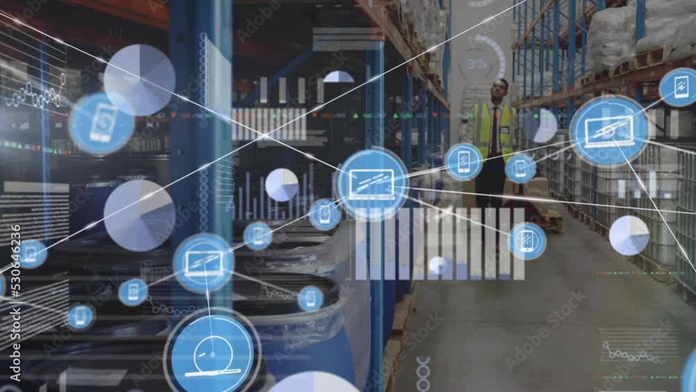 Poster animation of data processing over caucasian worker in warehouse