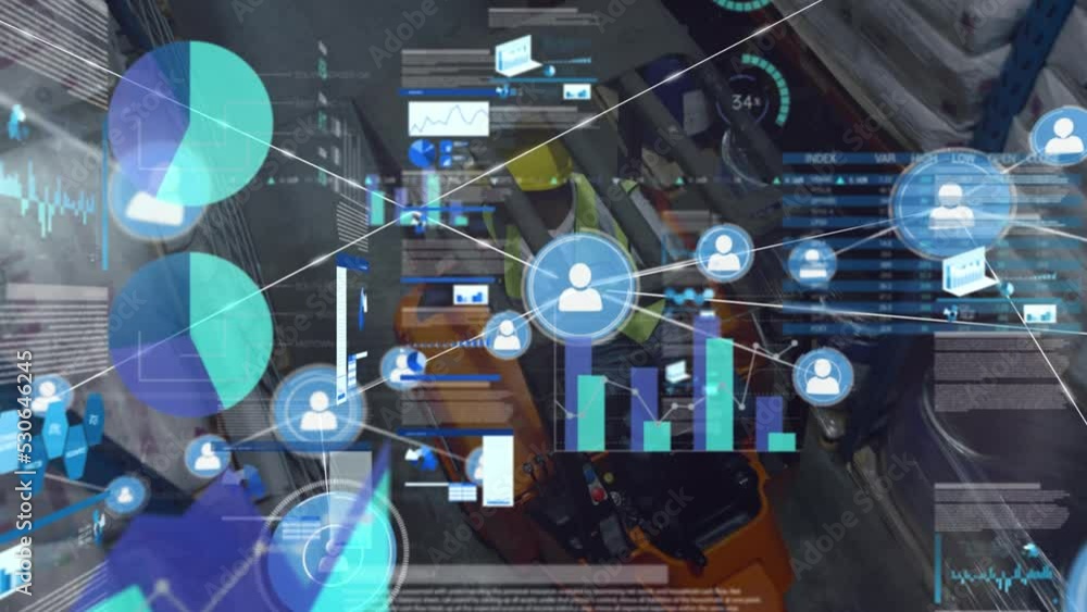 Poster animation of data processing over caucasian worker in warehouse