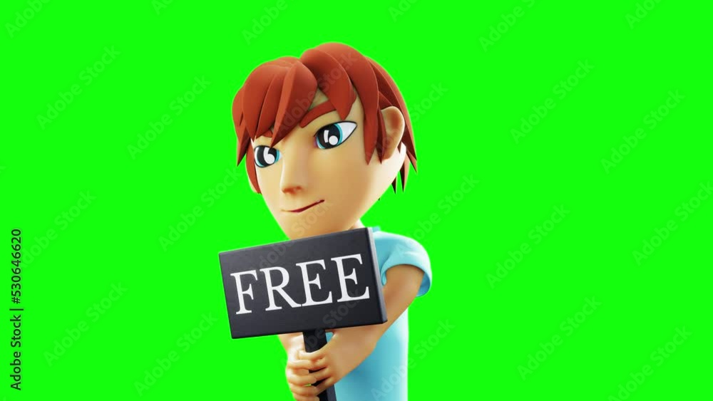 Poster 3d render of an animation of a boy holding a free sign swaying continuously. green background and bl