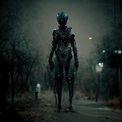 Alien creature creepy figure 3D illustration with dramatic lighting in a front position reflecting evil vibes