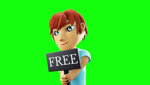3D render of An animation of a boy holding a FREE sign swaying continuously. Green background and black background for a sales website that is having a promotion or Black friday.