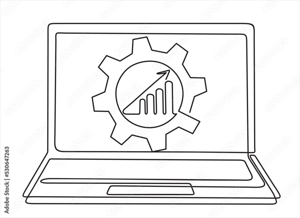 Poster continuous one single line drawing of productivity bar chart inside gear in laptop. seo optimization