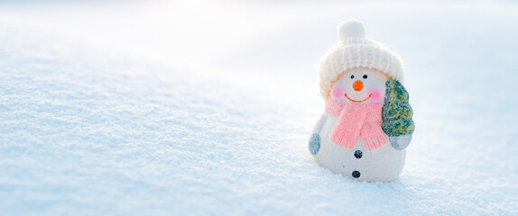 Merry christmas and happy new year greeting card with copy-space.Happy snowman decorative cap...