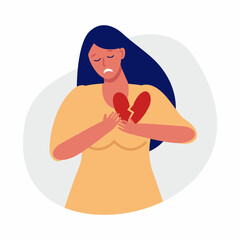 The sad girl has a heartache, severe chest pain. Vector illustration on the topic of healthcare and medicine.
