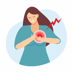 The sad girl has a heartache, severe chest pain. Vector illustration on the topic of healthcare and medicine.