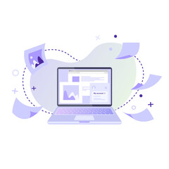Flat vector illustration of laptop with paper documents and pictures. Office work, planning, time management, schedule and online education concept for banner, website, social media, app and flyer.