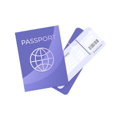 Violet passport id and airplane ticket or boarding pass in flat style isolated on white background. Travel, airplane booking, planning a vacation and tourism concept.	