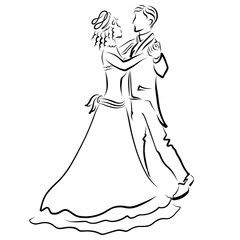 dance of prince with princess or groom with bride, traditional costume and long puffy dress, black sketch on white background