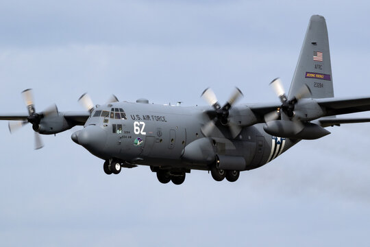US Air Force Lockheed C-130H Hercules transport plane from 934th Airlift Wing from Minnesota in flight.