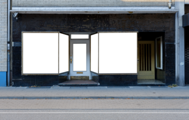 abandoned shop in the urban city near sidewalk, empty store with blank windows.