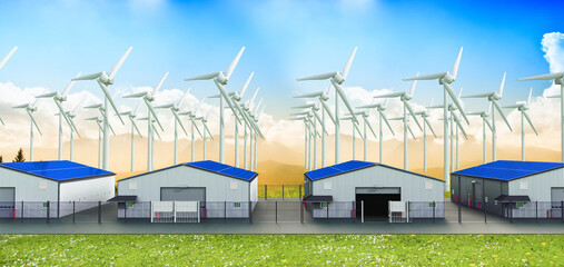 Wind farm with agricultural bunker. Hangar. 3d illustration
