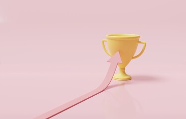 Arrow to reach trophy, challenging path to win competition, effort to earning business reward concept, 3d render illustration.