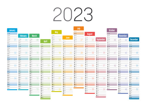 Year 2023 One Page Wall Calendar, Multi Colored On White Background. Vector Template.