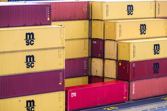 Klaipeda Lithuania 2022-07-24
Logo of MSC shipping container. Mediterranean Shipping Company is a Swiss Italian logistics and cargo transportation carrier company.