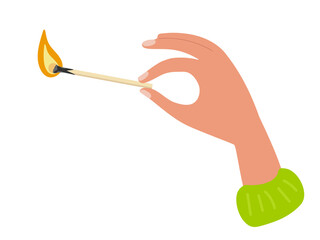 Human hand holding match stick burning with fire flame isolated on white background. Man or woman going is to set something on fire. Wooden match with fire. Flat vector illustration