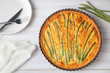 Asparagus tart, vegan quiche homemade pastry, healthy foods - obrazy, fototapety, plakaty