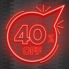 40%  off neon red banner on a brick background for mega big sales