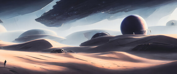 Fototapeta na wymiar Artistic concept painting of a beautiful sci-fi landscape, with a future thing in the background. Tender and dreamy design, background illustration.