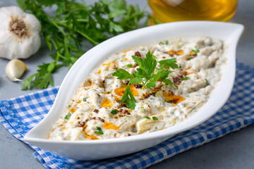 Traditional Turkish cuisine; Appetizer, salad made with eggplant and yoghurt. local name; Mutebbel