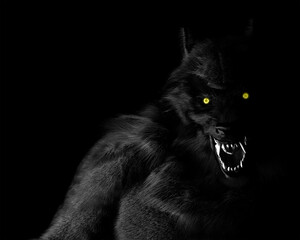 A portrait in black and white of a Werewolf Dogman cryptid with glowing yellow eyes against a black background