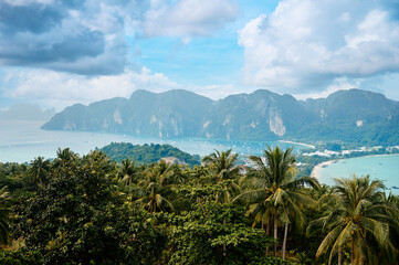 Fototapeta na wymiar Phi Phi Don island view point. Beautiful landscape with tropical sea lagoon.
