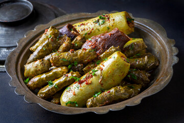 Traditional Turkish cuisine; Mixed Stuffed Vegetables. Stuffed leaves, stuffed zucchini and stuffed...