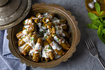 Delicious dolma (sarma) stuffed grape leaves rice, white yogurt sauce. Lebanese dolma sarma on plate. Lebanon turkish greek middle eastern cuisine. (Turkish name; Yaprak sarma)