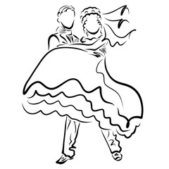 groom in a classic suit circles his bride in a magnificent dress with a veil on his hands, black silhouette on a white background