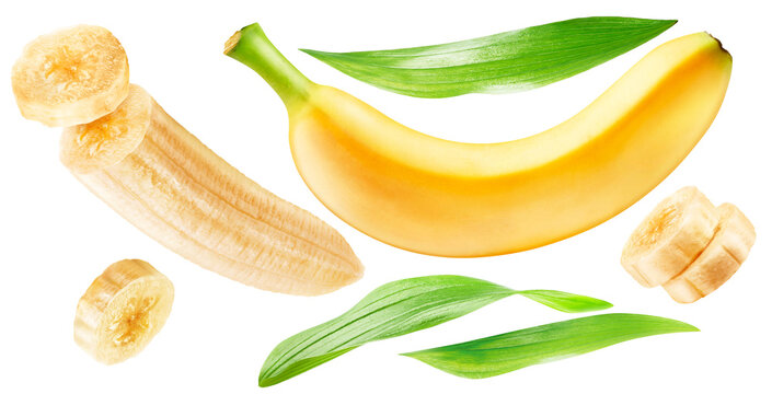 A set of ripe bananas. Peeled and unpeeled, leaves. PNG with transparent background.