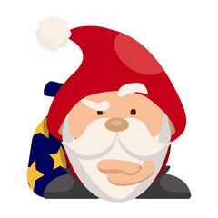 A perplexed Santa Claus with a bag of presents. The character is waiting for an explanation