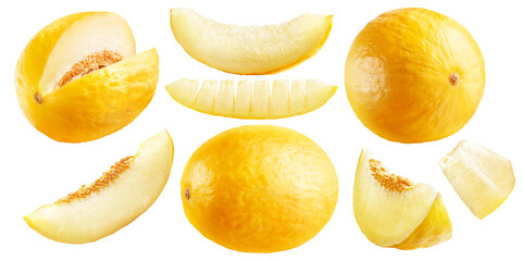 A set of ripe whole melons and slices. PNG with transparent background.