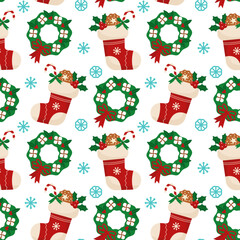 Christmas stocking with candy, snowflakes and festive decorations. Seamless pattern. Can be used for web page background fill, surface texture