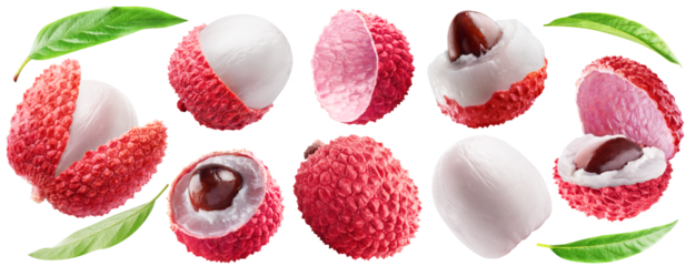 A set of ripe lychee fruits: one whole and six differently peeled, lychee peel and leaves. PNG with transparent background.