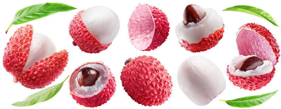A set of ripe lychee fruits: one whole and six differently peeled, lychee peel and leaves. PNG with transparent background.