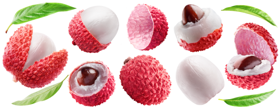 A set of ripe lychee fruits: one whole and six differently peeled, lychee peel and leaves. PNG with transparent background.