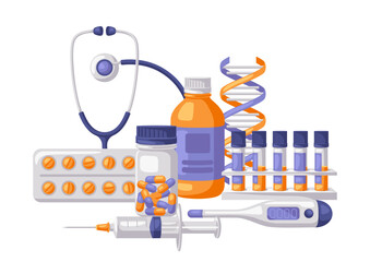 Background with medical and healthcare items. Equipment for pharmacies and hospitals.
