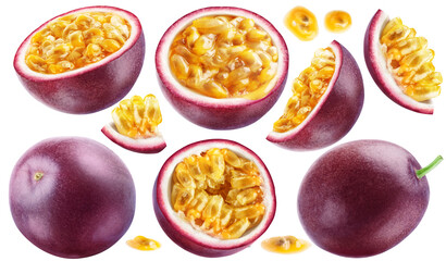 A set of ripe passion fruits: whole and cut. PNG with transparent background. - obrazy, fototapety, plakaty