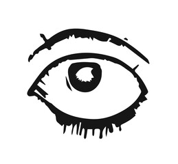 Human eye in grunge style. Black ink illustration, isolated on white background.