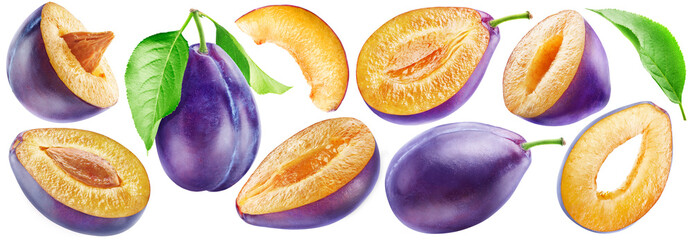 A set of ripe plums: two whole and many cut. Plum leaves. PNG with transparent background.