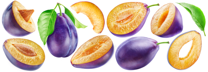 A set of ripe plums: two whole and many cut. Plum leaves. PNG with transparent background.