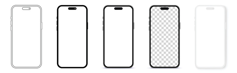 smartphone mockup with blank white screen in realistic, clay, flat vector, line style. mobile phone mockup front view. vector illustration - obrazy, fototapety, plakaty