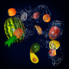 Fototapeta na wymiar Panorama, wallpaper with fruits in the water - fresh pineapple, watermelon, avocado, persimmon, apple, mango are full of vitamins for the diet
