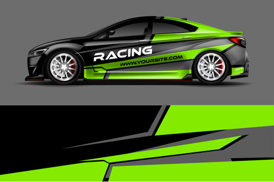 Racing Car On A Gray , Black And Green Stripe Abstract Vehicle Decals And Background, Best Vehicle Wrap Design