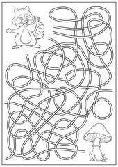 Maze game and funny labyrinth and coloring book for kids. Find way for cute cartoon raccoon to mushrooms. Children education activity page and worksheet. Cartoon vector illustration.