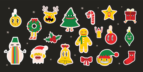 Merry Christmas and Happy New Year 2023. Vector trendy abstract stickers of holiday card with santa claus, deer, crazy geometric shapes, christmas tree and wreath for poster.