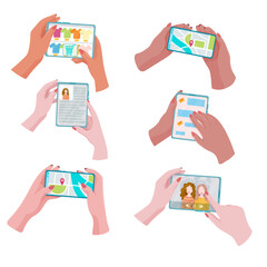 A set of gadgets in hands. Smartphone, tablet or e-book. A device for communication, learning and creativity. Vector illustration of isolates on a white background.
