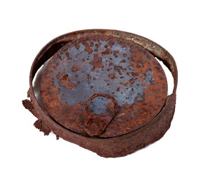 Old rusty tin can isolated on white background - obrazy, fototapety, plakaty