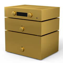 HiFi system with turntable and amplifier for home theater on white background.