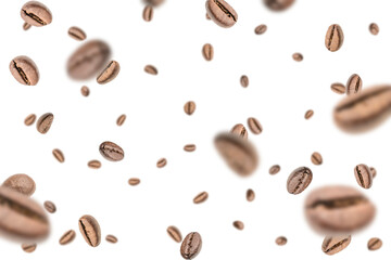 Coffee beans flying background. Black espresso grain falling on white. Rustic coffee bean fall isolated. Represent breakfast, energy, freshness or great aroma concept.